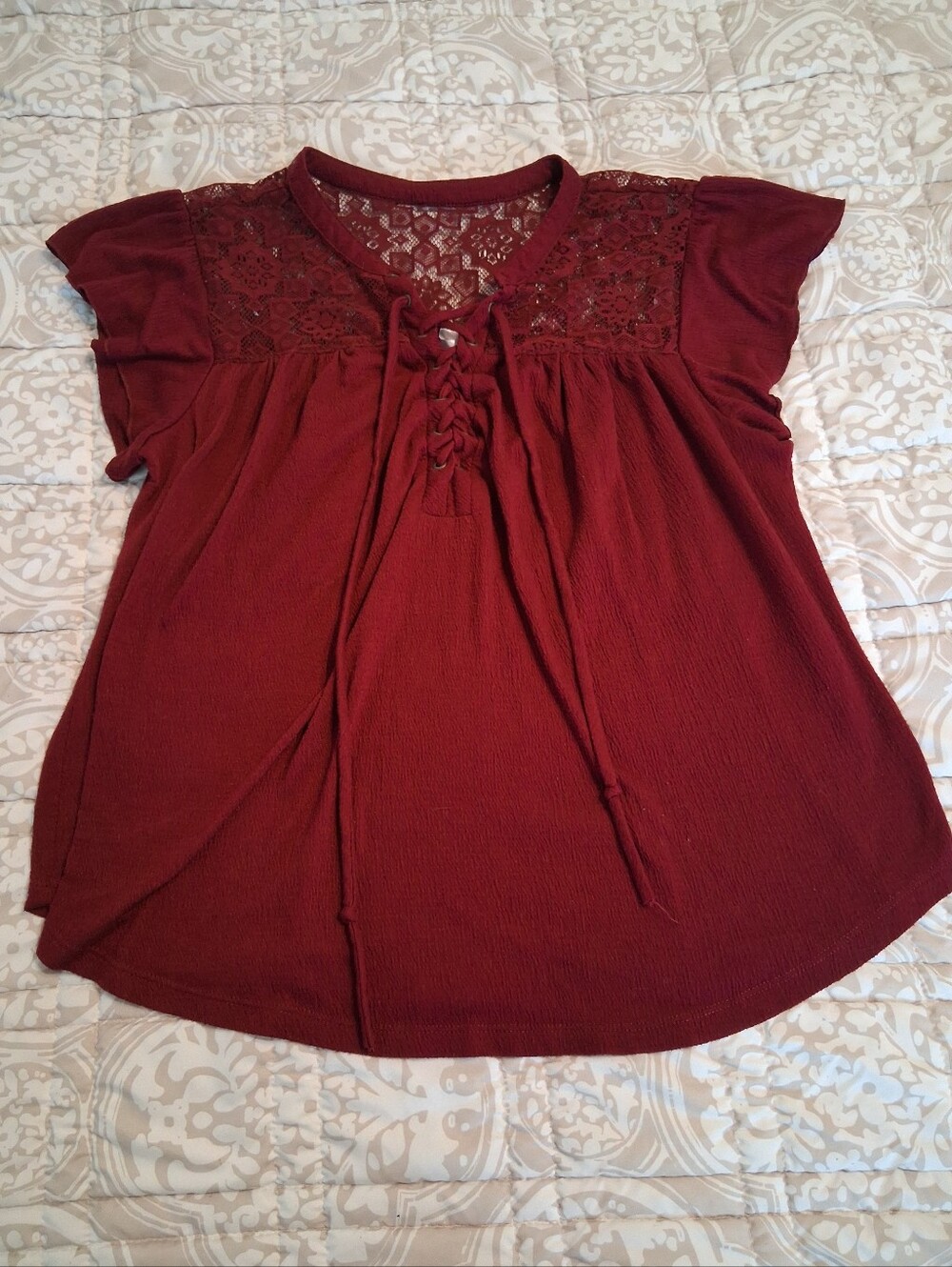 No Boundaries Lace-Yoke Tie-Front Top in Burgundy